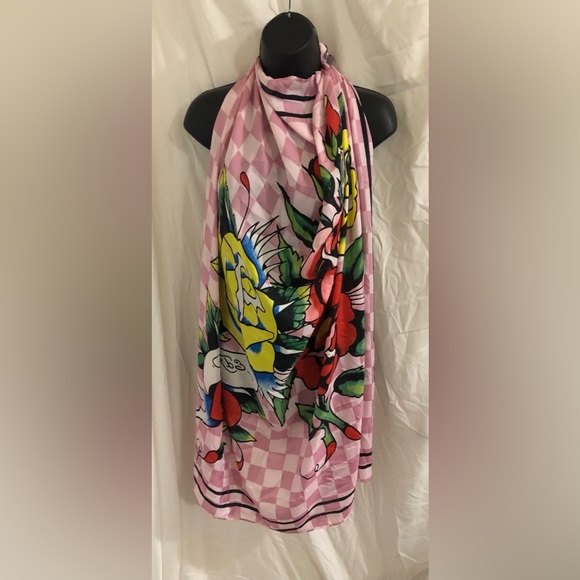 Ed Hardy Accessories - Ed Hardy pink white checkered iconic Ed Hardy red rose florals scarf shawl new